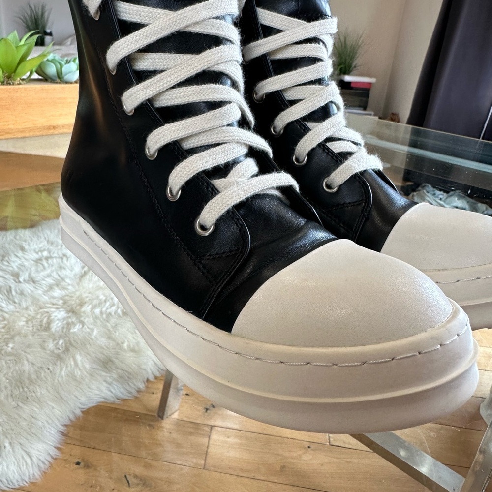Rick Owens high top black leather sneakers with side zipper, white soles #21168